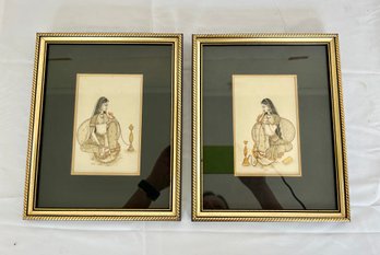 Pair Of Miniature Rajani Style Miniature Framed Prints - Indian Women With Hookahs