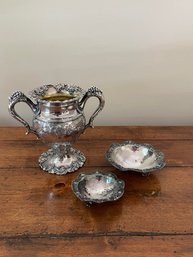 Victorian Silver Plate Vase  And 2 Bowls With Enamel Detail