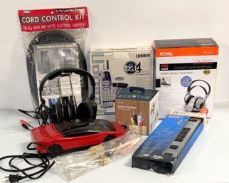 Vintage Electronics Lot - Many Are NOS - Uniden 4Ghz Cordless, Royal Wireless Headphones, VHS Rewinder, More