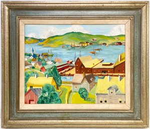 A Vintage Oil On Board, Bucolic Harbor Scene, Doris Mechanick, 1958