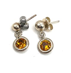 Vintage Sterling Silver Designer Citrine Color Stone Dangle Earrings
