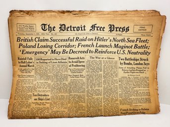 1939 The Detroit Press Newspaper With World War II News