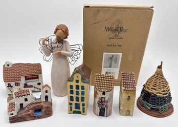 New Inbox Willow Tree Angel Figurine & 6 Miniature Houses