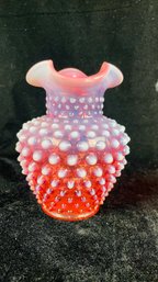 Fenton Pink Opalescent Hobnail Ruffled Vase