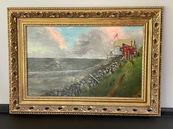 Antique Coastal Landscape - Oil On Canvas In Ornate Gold Frame
