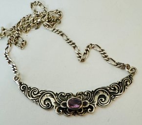 BEAUTIFUL STERLING SILVER AND AMETHYST SCROLL DESIGN NECKLACE