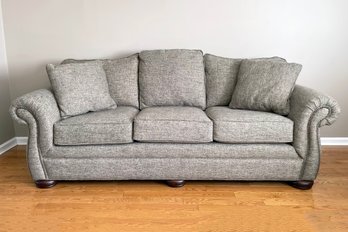 A Grey Linen Rolled Arm Sofa By Emeraldcraft With Nailhead Trim - Like New!