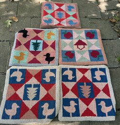 Five Vintage Hook Rug Pieces (could Be Chair Covers)