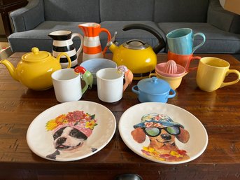 Assortment Of Colorful Teapots, Mugs, Pitchers & More