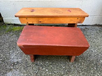 Vintage Wooden Stools/small Benches, One With Apple Motif