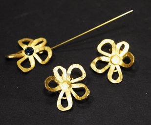 Vintage Gold Tone Cecile Jeanne Paris Designer Stickpin And Clip Earrings