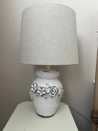 Pair Of Ceramic Floral Relief Table Lamps In Cottage White With Distressed Edges