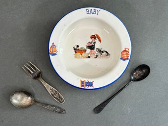 A Charming Vintage Ceramic Children's Bowl & Silver Plate Utensils