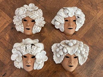 Lot Of 4 Vintage Italian Clay Ceramic Faces Wall Hanging