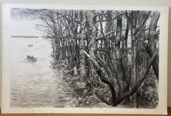 Original Charcoal Illustration Study Of A River Scene With People In Canoes - Signed Alton S Tobey