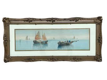 Antique Framed Watercolor Painting Of Venetian Boats - Signed P. Peltier