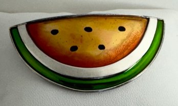 LARGE FUN STERLING SILVER ENAMELED WATERMELON BROOCH