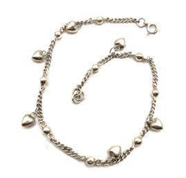 Vintage Sterling Silver Small Heart Charms Long Chain Bracelet