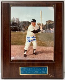 Mickey Mantle Autographed Photo - Hall Of Fame Wooden Plaque 1974 - New York Yankees Baseball - 12x15 - No COA