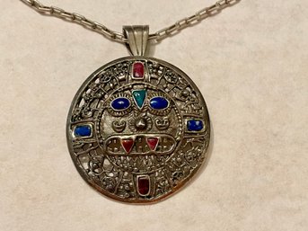 Sterling Pendant With Green, Red & Blue Enhancements On Sterling Chain