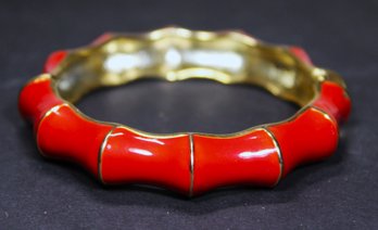 Vintage Bamboo Formed Red Enamel Gold Tone Hinged Bangle Bracelet