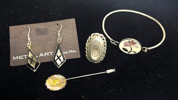 Mixed Lot Of Silver And Silver Tone Jewelry With Inlay Of Mother Of Pearl And Abalone