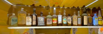 Various Bottles On Marble Slab Shelf W Three Metal Brackets- Lucky Tiger Hair Tonic, Watkins Liniment & More