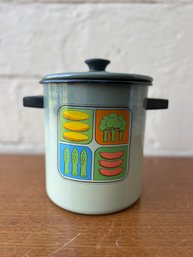 Vintage Mid Century 1970s Green Enamelware Stock Pot With Strainer