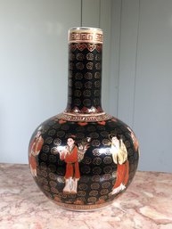Very Nice Vintage ? Antique ? Black Asian Vase - Squat / Bulbous Form - All Hand Painted - Very Nice Piece !