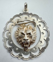 VINTAGE STERLING SILVER LION MEDALLION HIGH RELIEF AND CUT OUT STARS PENDANT