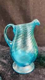 Deep Sky Blue Swirl Blown Glass Pitcher