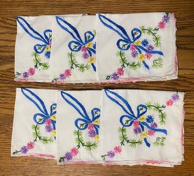 Set Of 6 Vintage Large Embroidered Floral & Bow Handkerchief