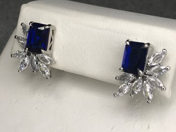 Fabulous Brand New 925 / Sterling Silver Earrings With White Topaz & Sapphires - Never Worn - Very Pretty