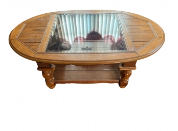 Solid Oak Coffee Table With Beveled Glass Inlay