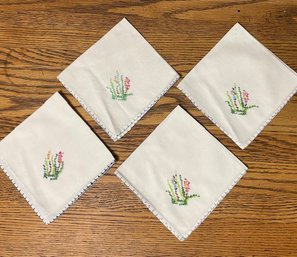 Set Of 4 Vintage Handkerchief W/ Needlepoint Floral Design