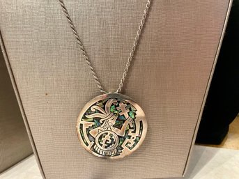 Mexican Sterling Inlaid Pendant On Long Chain