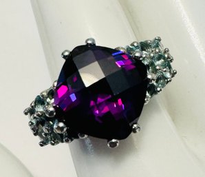 GORGEOUS STERLING SILVER AMETHYST AND AQUA COLOR STONE RING