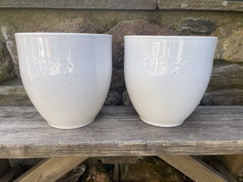 Pair Of Portuguese White Terracotta Pots With Embossing