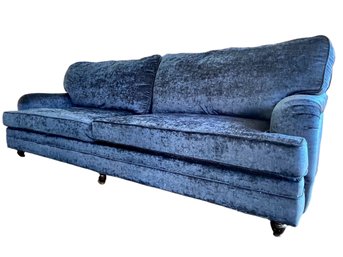 Vintage Two Cushions Sofa In Navy Blue Crushed Velvet.