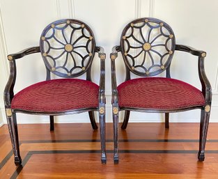 Pair Of Spider Web Back Wood Armchairs