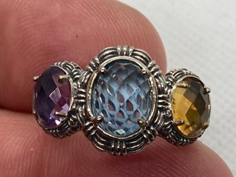 Very Fine Signed Designer CLYDE DUNEIER Sterling Silver Ring With Large Blue Topaz, Citrine And Amethyst