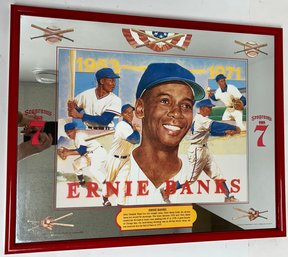 Vintage Framed Mirror Seagrams 7 - Ernie Banks Chicago Cubs Baseball - Bar Advertising Red Plastic 16.25x20.25