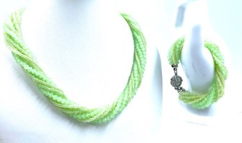 Multistrand Pearlescent Pale Green Seed Bead Necklace & Bracelet