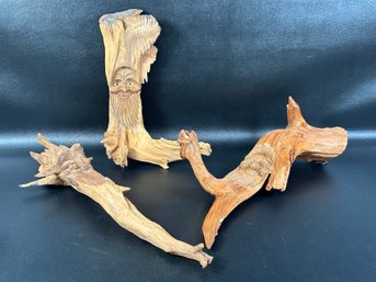 Three Pieces Of Whimsical Folk Art: Hand-Carved Driftwood With Wizened Faces