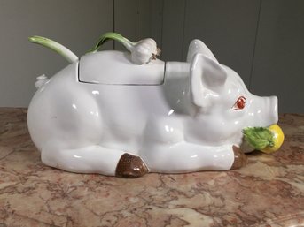 Fabulous Large Vintage Majolica Style Pig Tureen Made In Italy For BONWIT TELLER With Lid / Ladle - WOW !