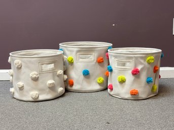 Three Fun Storage Totes In Canvas With PomPoms
