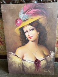 Oil On Canvas Lady W/ Hat, Unframed , Signed