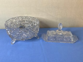 Cut Glass Serving Bowl And Butter Dish