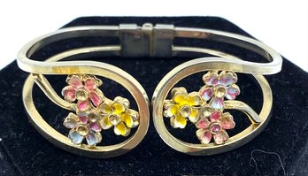 Vibrant Silvertone Hinged Cuff Bracelet W/ Enamel Flowers Design