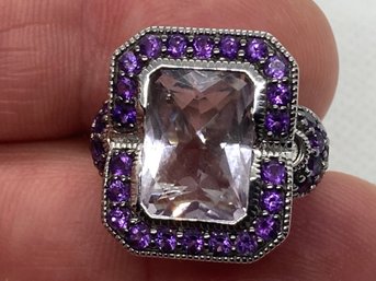 Fine Sterling Silver Ring With Large Faceted Pale Lavender Amethyst And Deep Purple Amethyst Surround